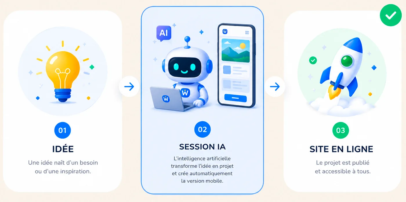 Comment ça marche : Idée → Session IA → Site en ligne